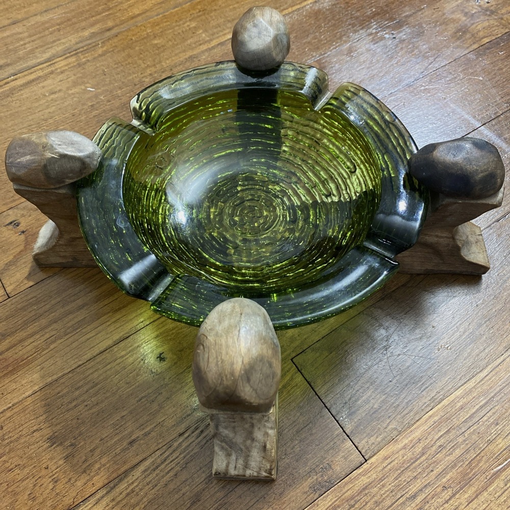 Vintage Anchor Hocking MCM Heavy Textured Glass Ashtray 6.25" Hand-Carved Holder